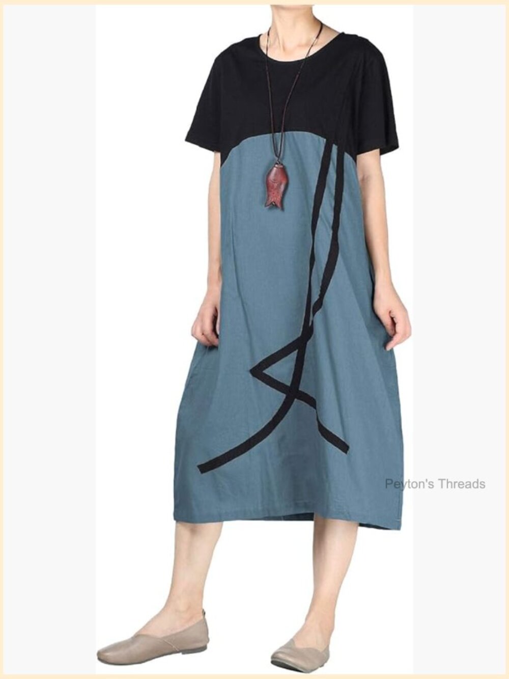 Women's Linen Midi A-Line Dress with Pockets Short Sleeve Boho Tunic